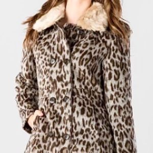 Francesca's Clarence Leopard Print Faux Fur Collar Pea Coat